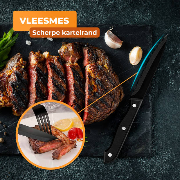 Strex Bestekset 6 Persoons - Zwart - 36-delig - Roestvrij staal - Lepels, Messen, Vorken en Steakmessen - Hoogwaardige