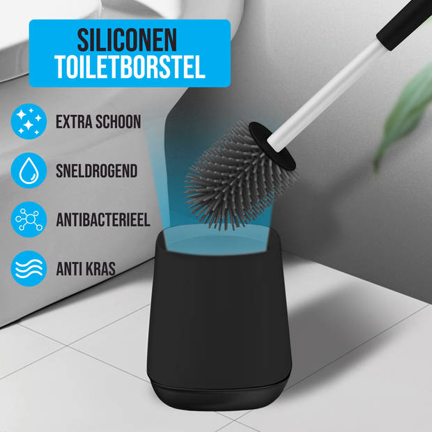 Strex Toiletborstel Siliconen met Houder Zwart - Sneldrogend, Hygiënisch & Antibacteriële Werking - WC Borstel - Toilet