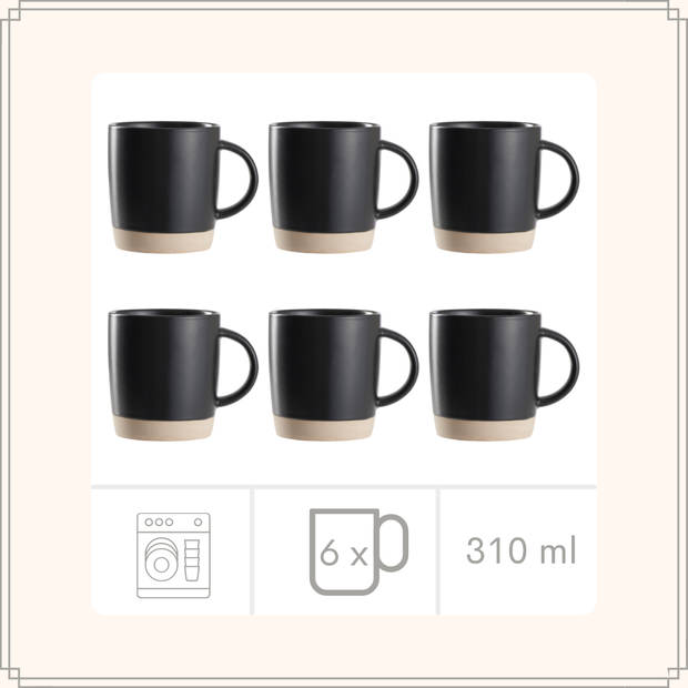 OTIX Koffiekopjes - Theemokken - Koffietassen - Set van 6 - Zwart - 310 ml - Aardewerk