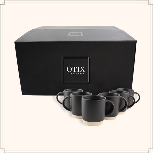 OTIX Koffiekopjes - Theemokken - Koffietassen - Set van 6 - Zwart - 310 ml - Aardewerk