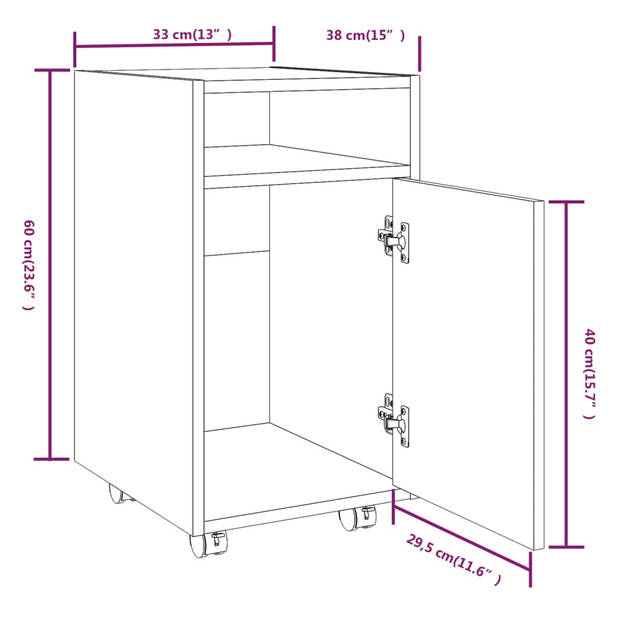 vidaXL Bijzetkast met wielen 33x38x60 cm bewerkt hout gerookt eiken