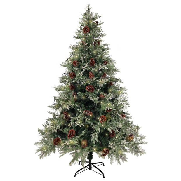 vidaXL Kerstboom met LED en dennenappels 150 cm PVC en PE groen en wit