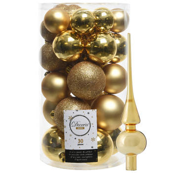 Decoris kerstballen 30x stuks - goud 4/5/6 cm kunststof mat/glans/glitter mix en piek - Kerstbal