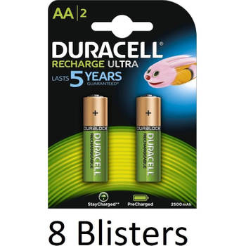 16 Stuks (8 Blisters a 2 st) Duracell AA Oplaadbare Batterijen - 2500 mAh