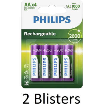 8 Stuks (2 Blisters a 4 st) Philips AA Oplaadbare batterijen 2600mah