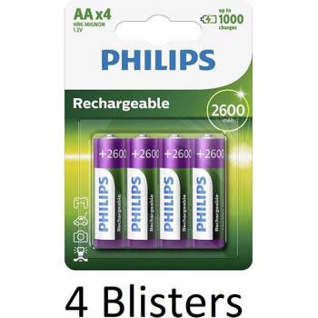 16 Stuks (4 Blisters a 4 st) Philips AA Oplaadbare batterijen 2600mah