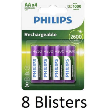 32 Stuks (8 Blisters a 4 st) Philips AA Oplaadbare batterijen 2600 mah