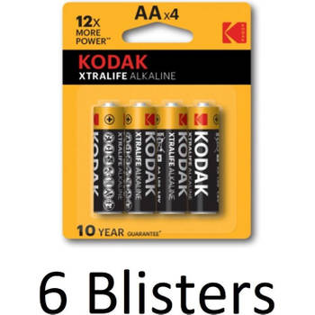 24 Stuks (6 Blisters a 4 st) Kodak Xtralife AA Alkaline Batterijen
