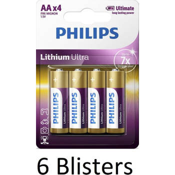 24 stuks (6 blisters a 4 stuks) Philips AA Lithium Ultra Batterijen