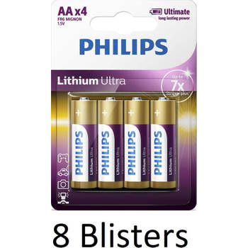 32 stuks (8 blisters a 4 stuks) Philips AA Lithium Ultra Batterijen