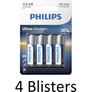 16 Stuks (4 Blisters a 4 st) Philips Ultra Alkaline AA Batterijen