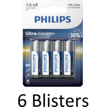 24 Stuks (6 Blisters a 4 st) Philips Ultra Alkaline AA Batterijen
