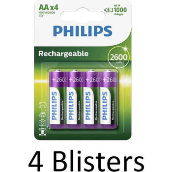 16 Stuks (4 Blisters a 4 st) Philips AA Oplaadbare batterijen - 2500 mAh