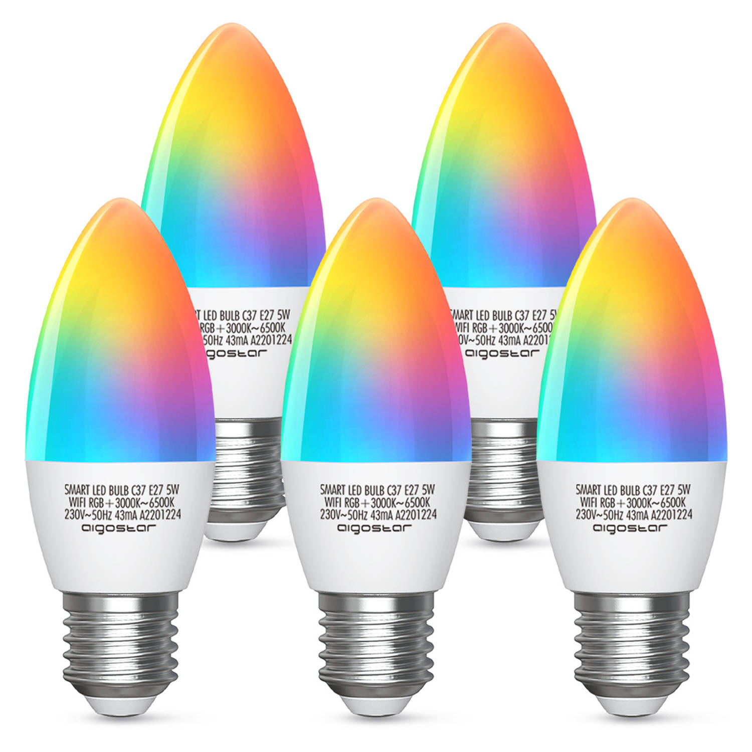 Aigostar Smart LED Bulb QYL - E27 C37 Smart lamp - 5W - RGB+CCT - Appbesturing - iOS & Android - 2.4 Ghz WiFi - 5 stuks