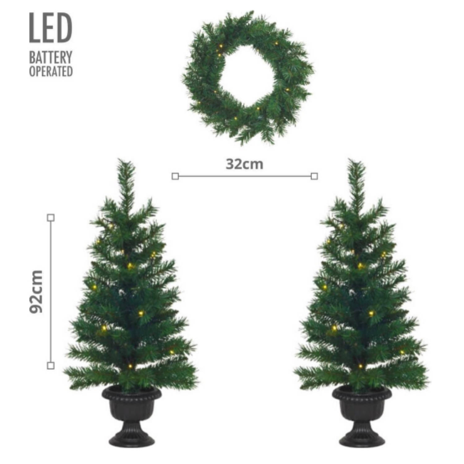 Kerstbomen en kerstkrans met verlichting - LED - set van 3 stuks - Kunstkerstboom - Kunstkerstboom met verlichting -...