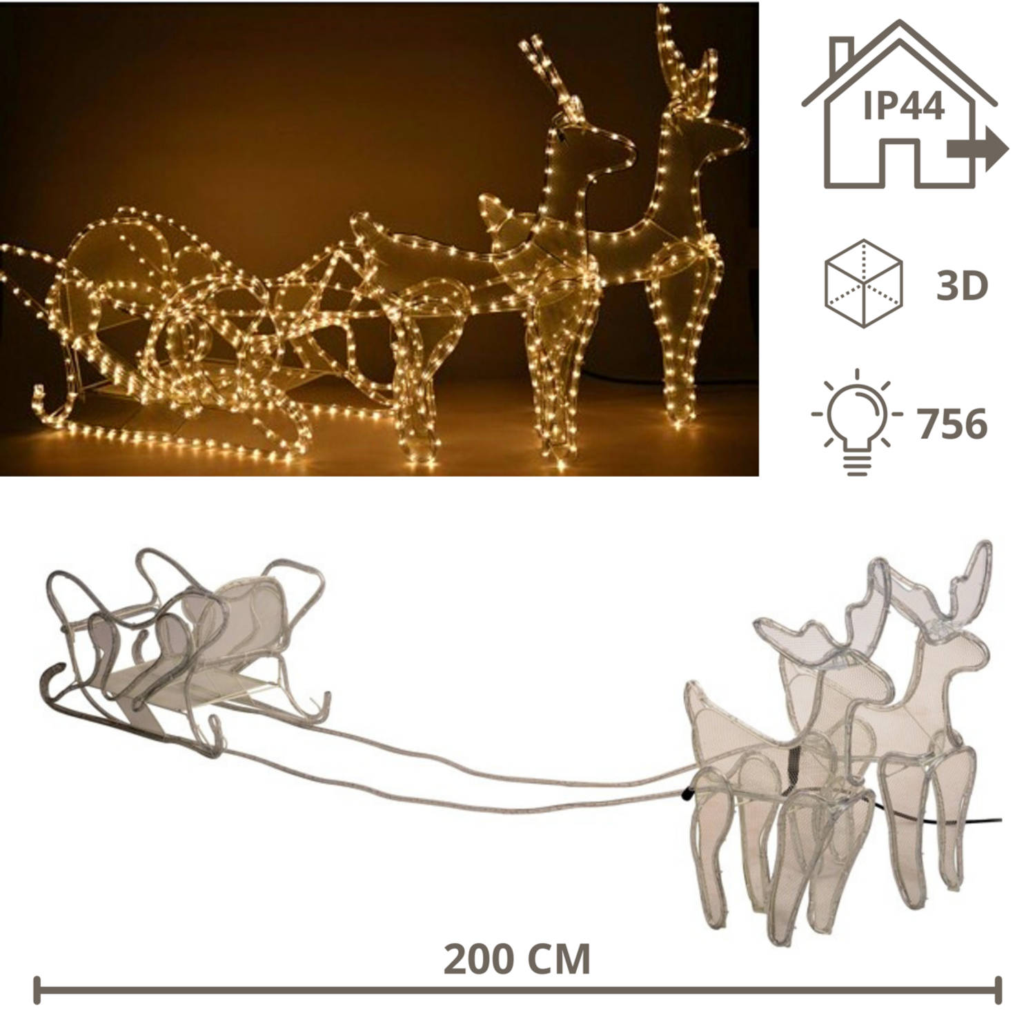 Rendieren met Slee - Rendier met Slee - Kerstversiering - Kerst - Kerstverlichting buiten - 756 lampjes