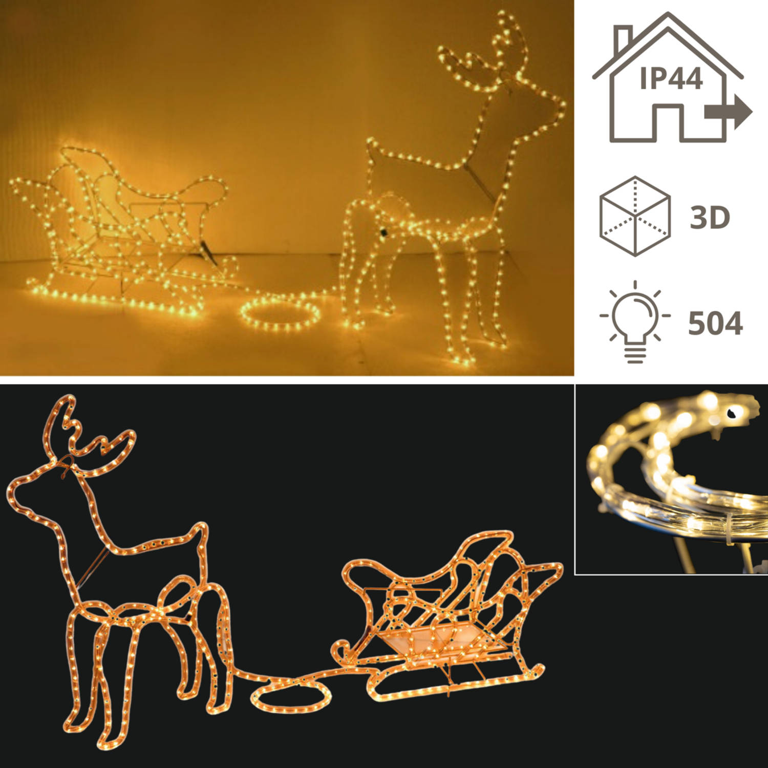 Rendier met Slee - 3D Slangverlichting - Kerstversiering - Kerst - Kerstverlichting buiten - Kerstverlichting - 504 l...