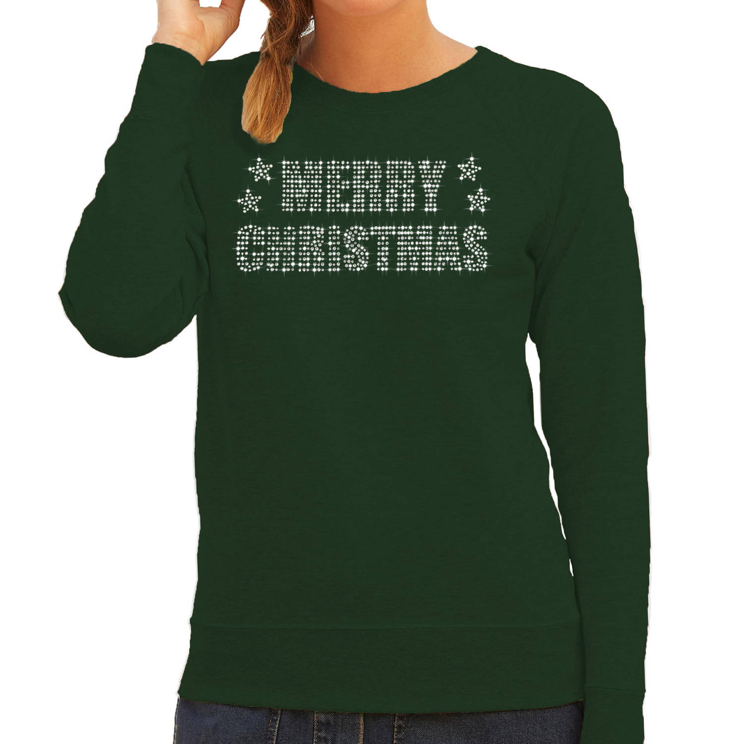 Glitter foute kersttrui groen Merry Christmas glitter steentjes voor dames - Glitter kerst outfit XL - kerst truien