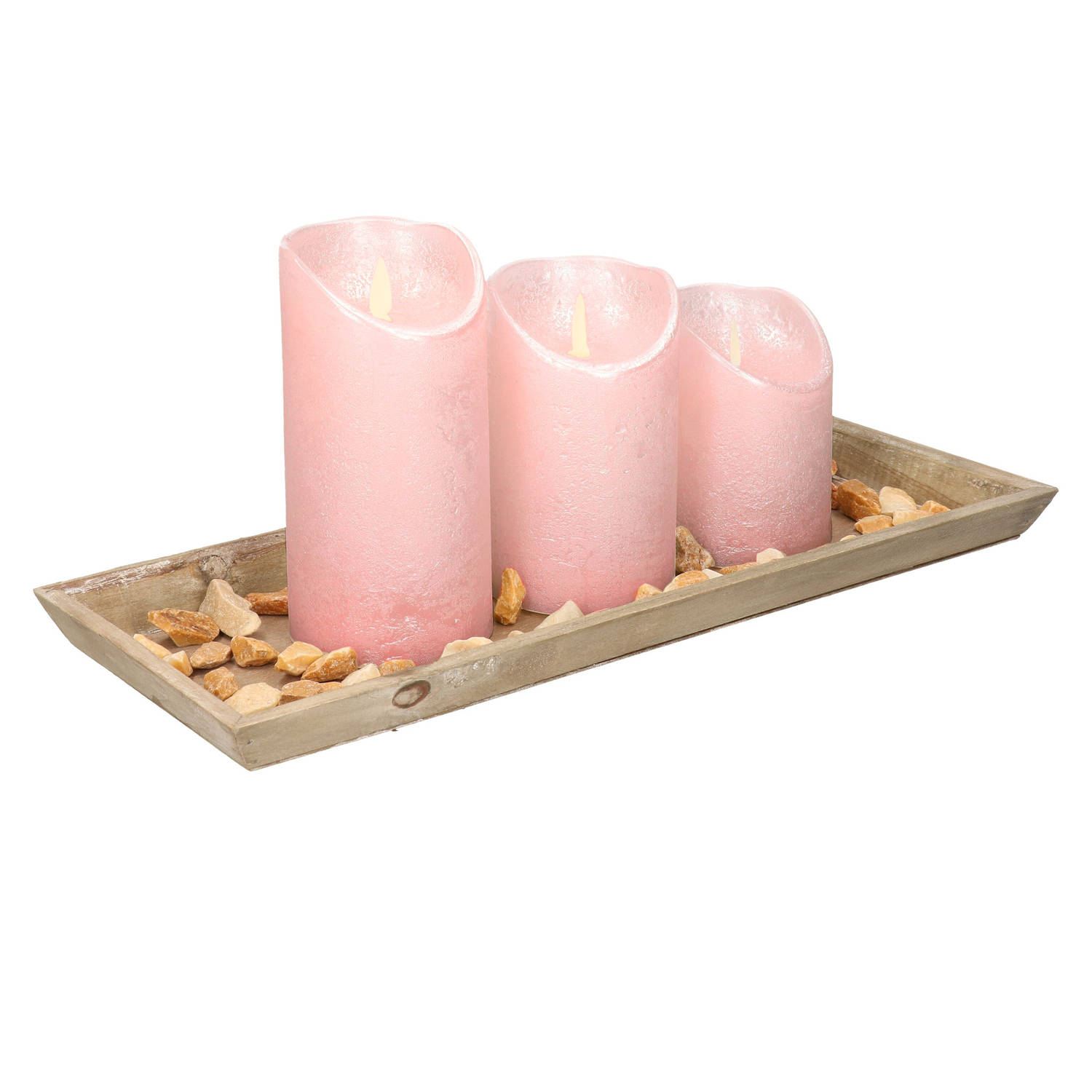 Houten Dienblad Met Steentjes En 3 Led Kaarsen In Het Lichtroze 39 X 15 Cm Led Kaarsen