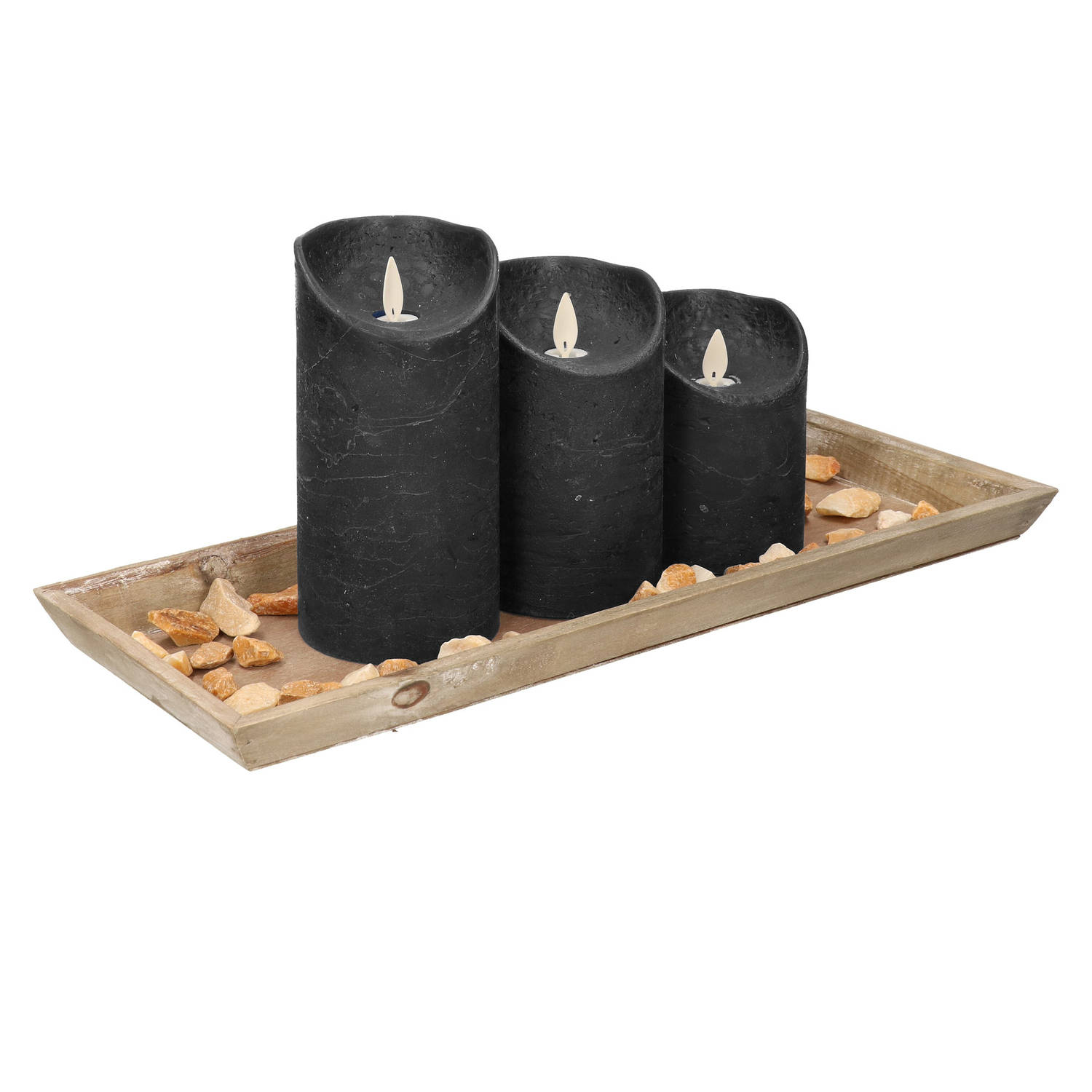 Dienblad Van Hout Met 3 Led Kaarsen In De Kleur Zwart 39 X 15 Cm Led Kaarsen