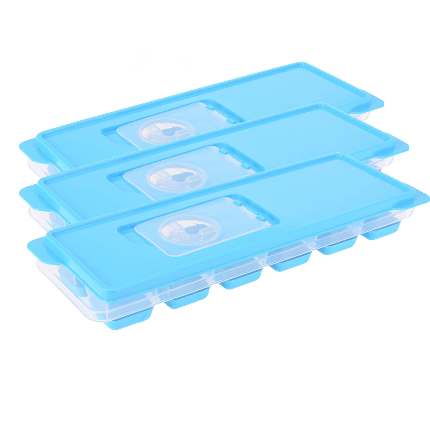 verrader Discrepantie Kwalificatie Set van 3x stuks trays met ijsklontjes/ijsblokjes vormpjes 12 vakjes  kunststof blauw met afsluitdeks - IJsblokjesvormen | Blokker