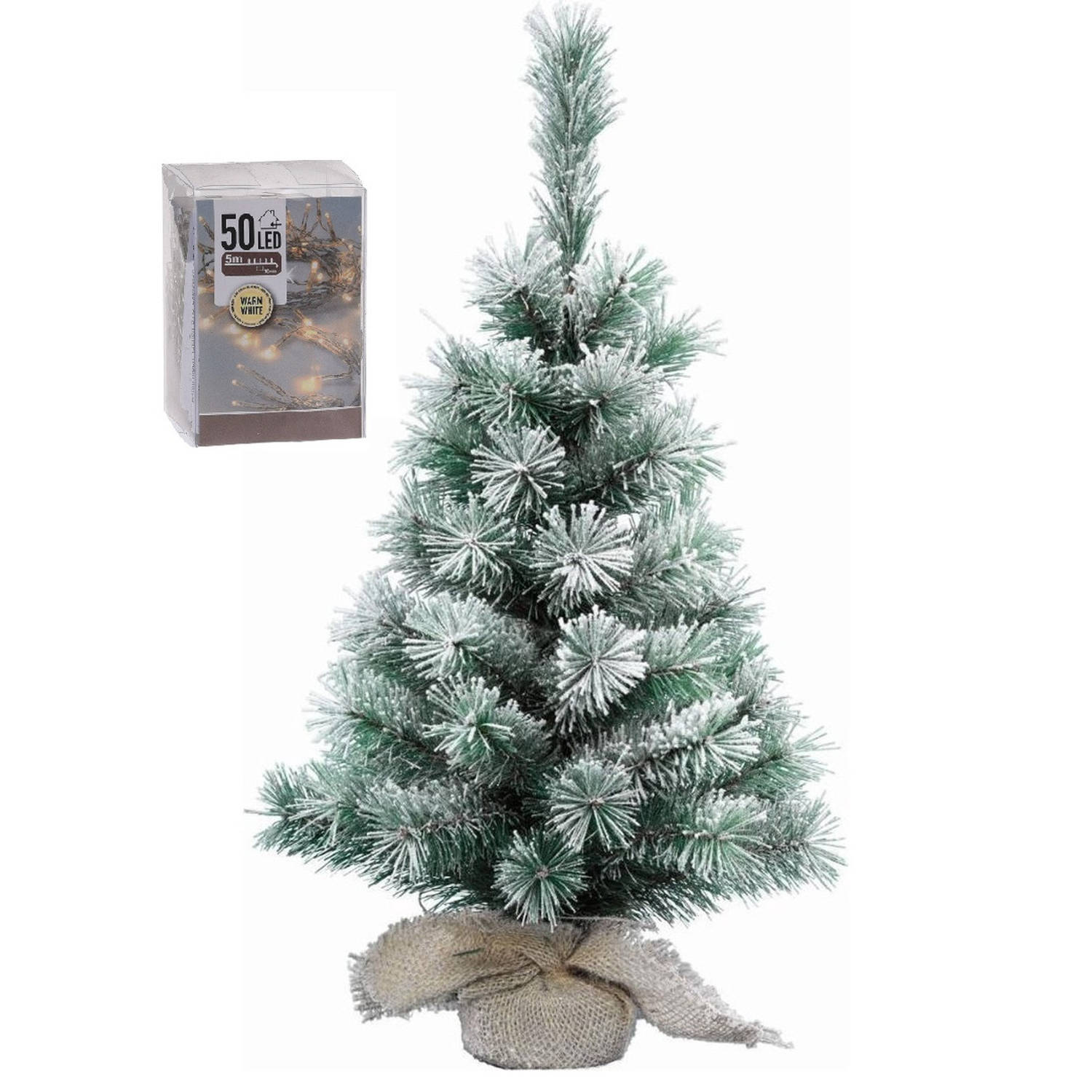Kunst Kerstboom Met Sneeuw 60 Cm In Jute Zak Inclusief 50 Warm Witte Lampjes Kunstkerstboom