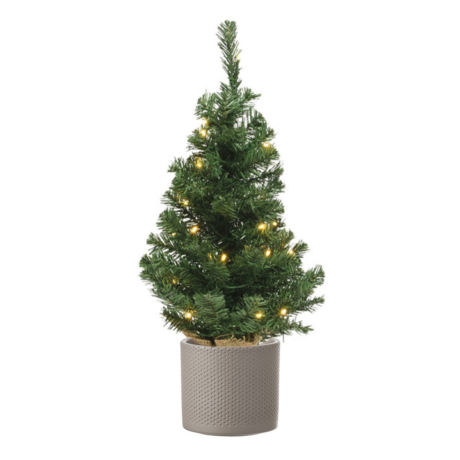 Volle Mini Kerstboom Groen In Jute Zak Met Verlichting 60 Cm En Taupe Pot Kunstkerstboom