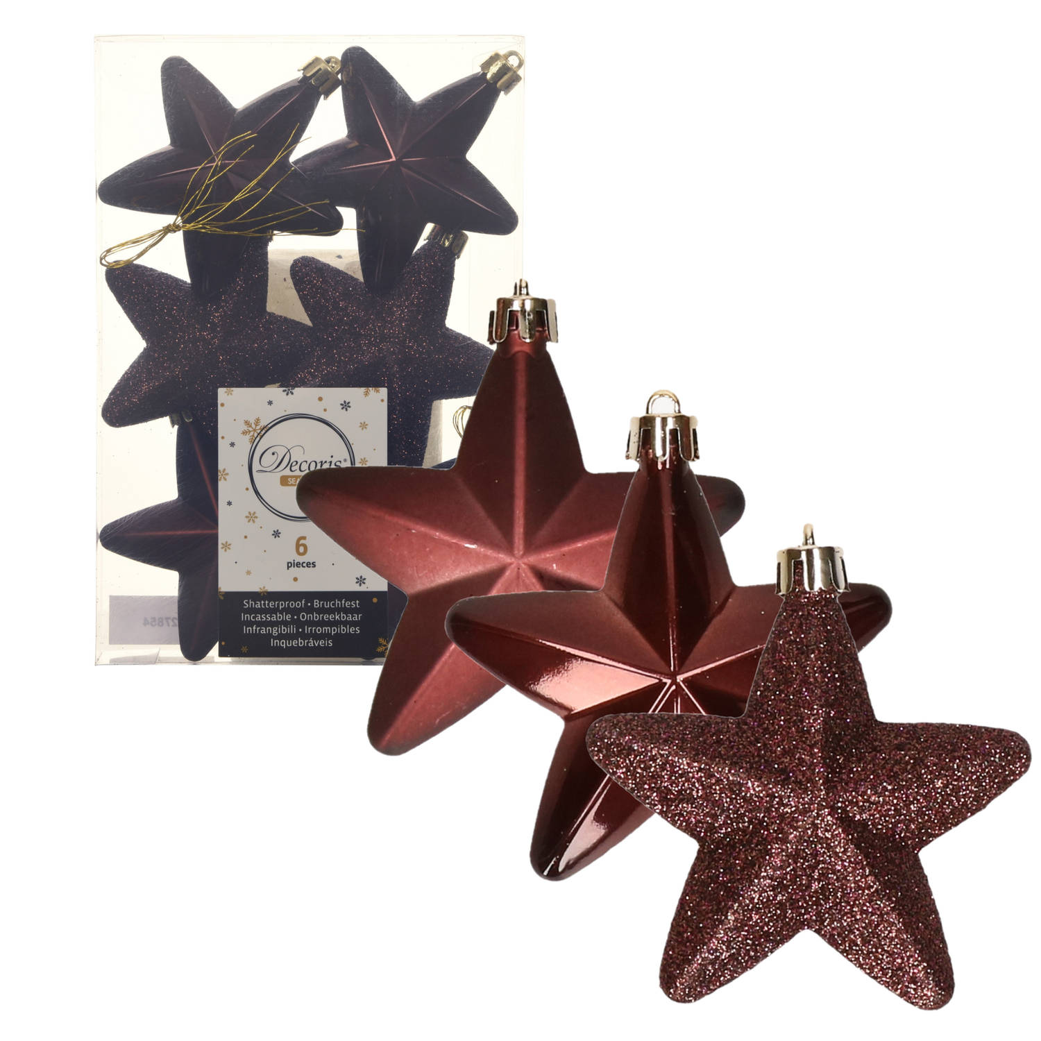 6x stuks kunststof sterren kersthangers mahonie bruin 7 cm - Kersthangers