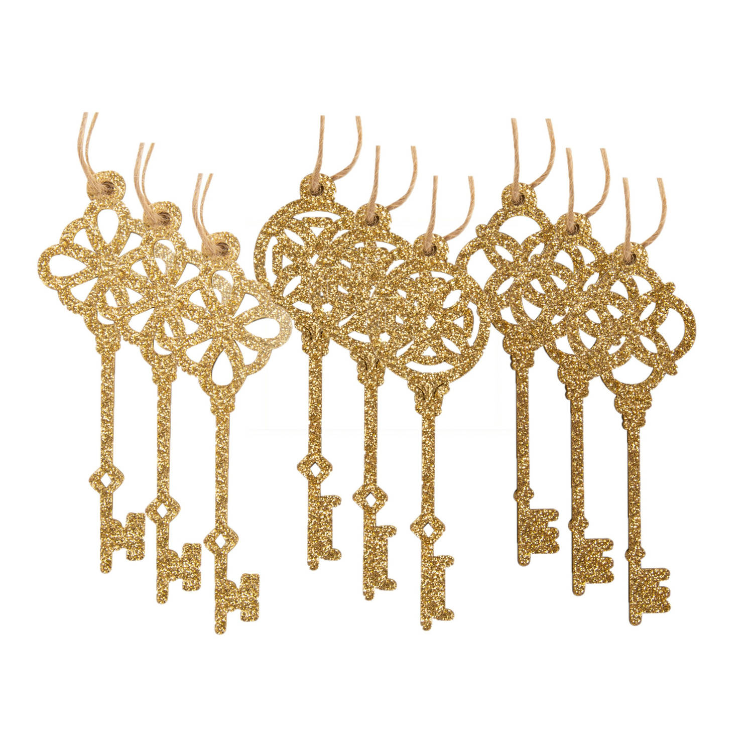 9x stuks sleutels kersthangers glitter goud van hout 10,5 cm kerstornamenten - Kersthangers