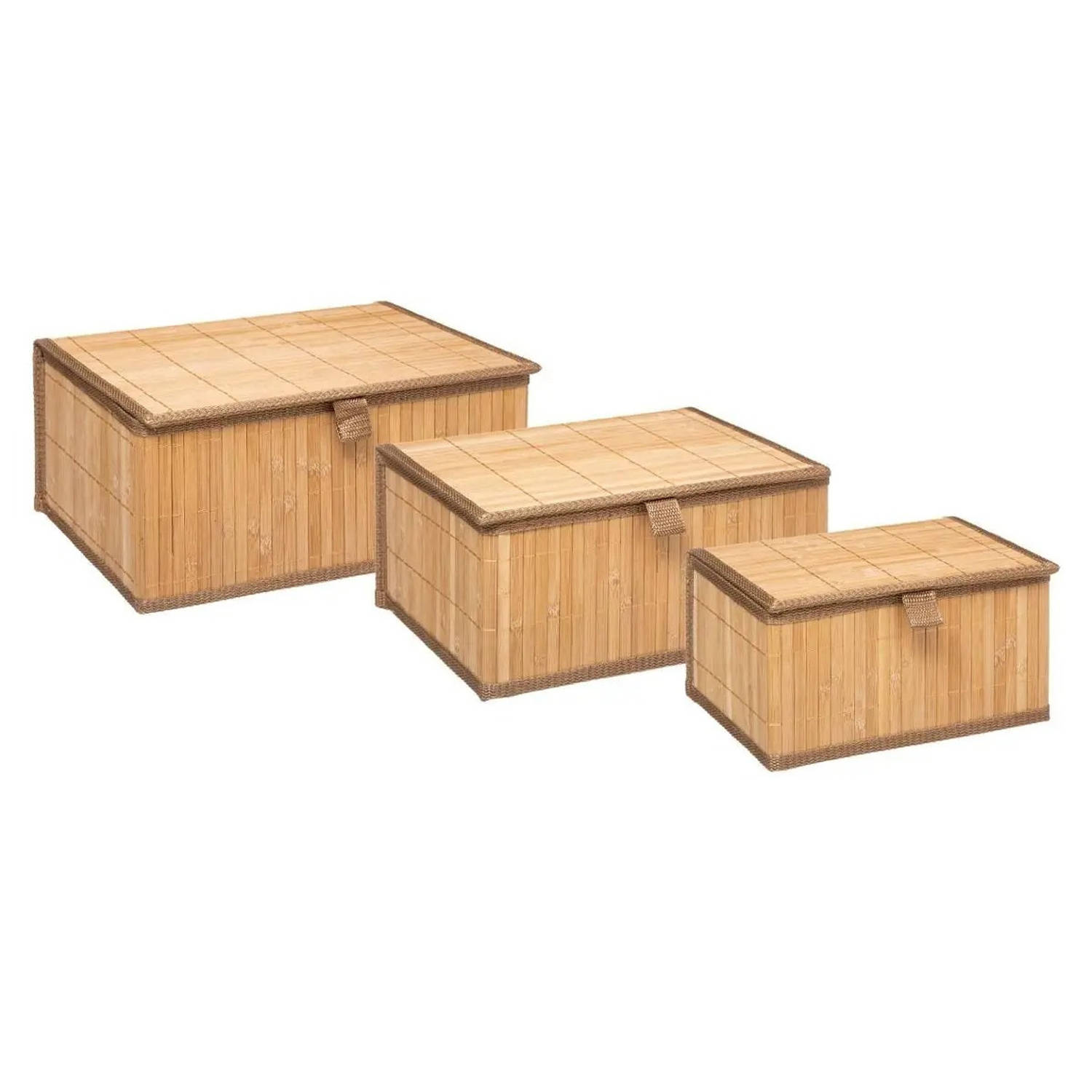 Set van 3x bamboe opbergdozen met deksel rechthoek bruin - Opbergmanden