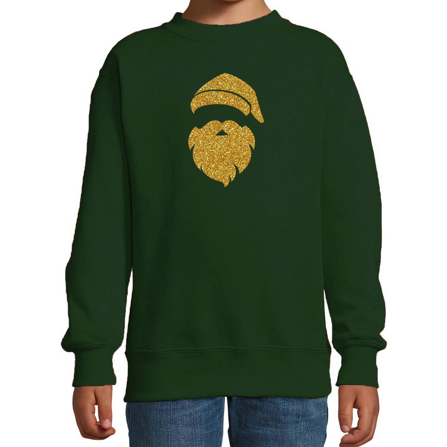 Kerstman hoofd Kerstsweater / Kersttrui groen voor kinderen met gouden glitter bedrukking 3-4 jaar (98/104) - kerst trui