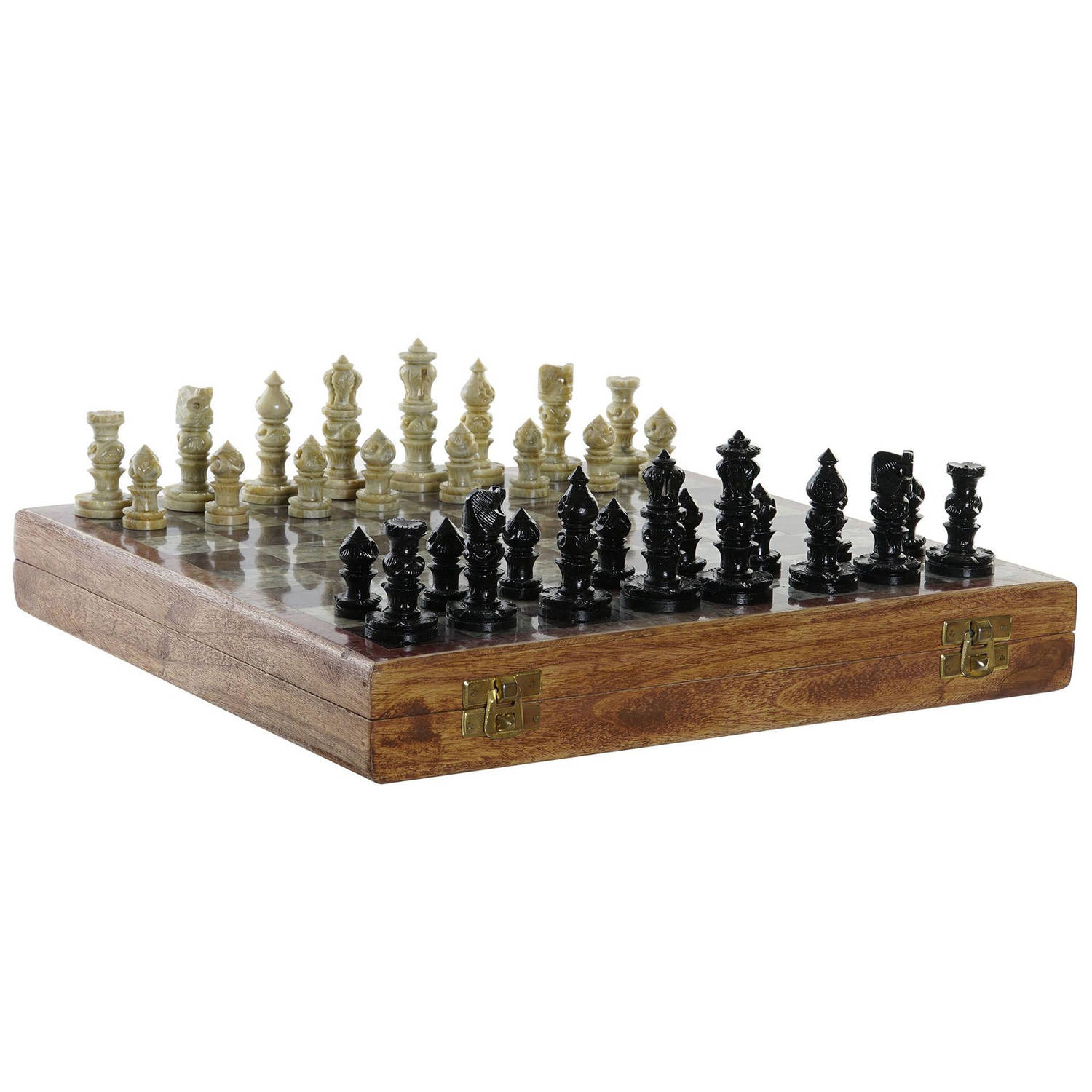 Luxe houten schaakspel in kist/koffer met stenen schaakstukken 30 x 30 cm - Denkspellen