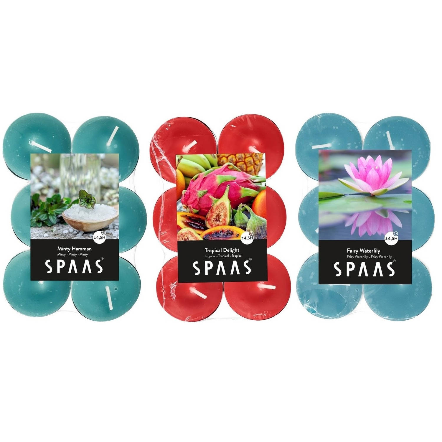 Candles by Spaas geurkaarsen - 36x stuks in 3 geuren - Mint Hammon - Waterlilly - Tropical Delight