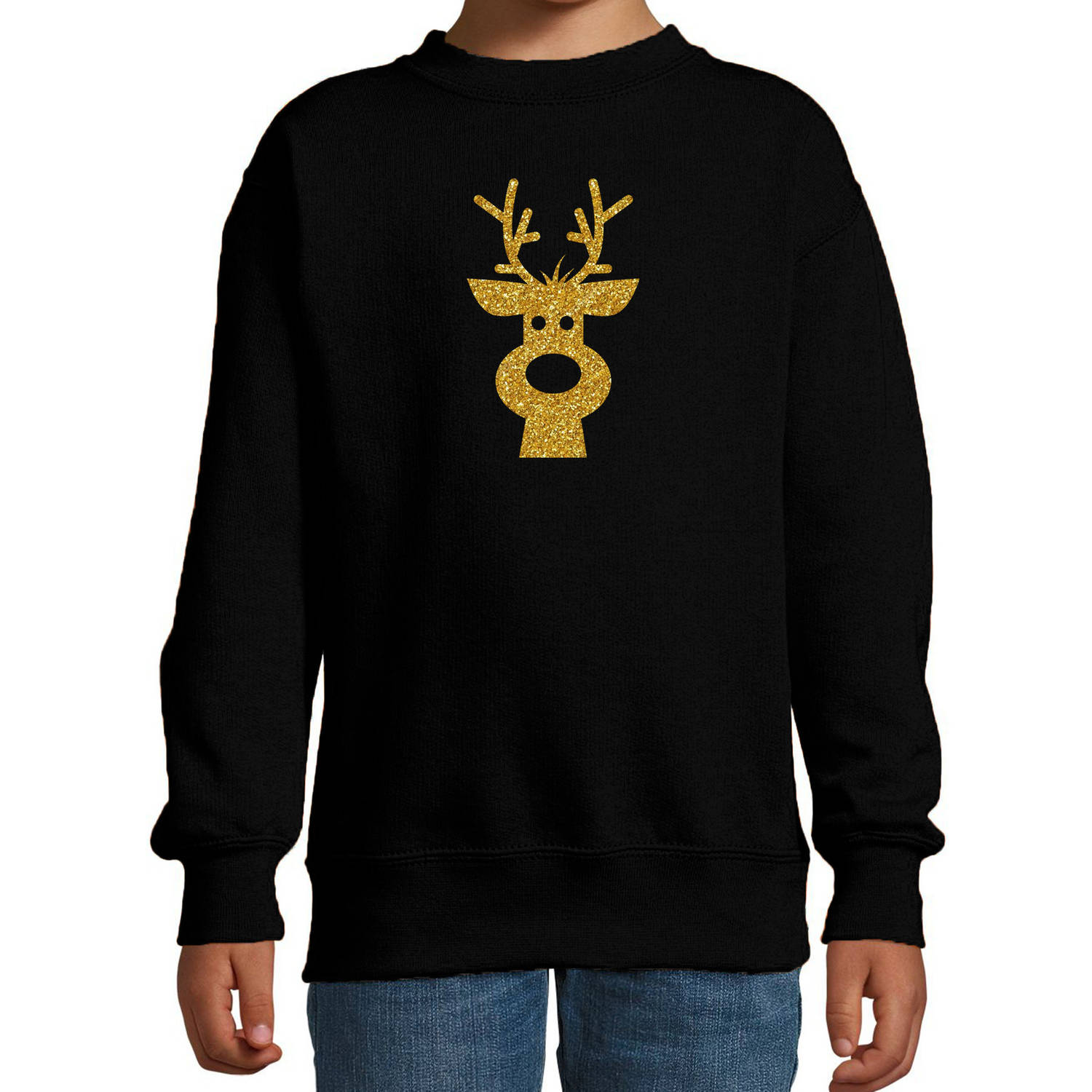 Rendier hoofd Kerstsweater / Kersttrui zwart voor kinderen met gouden glitter bedrukking 7-8 jaar (122/128) - kerst trui