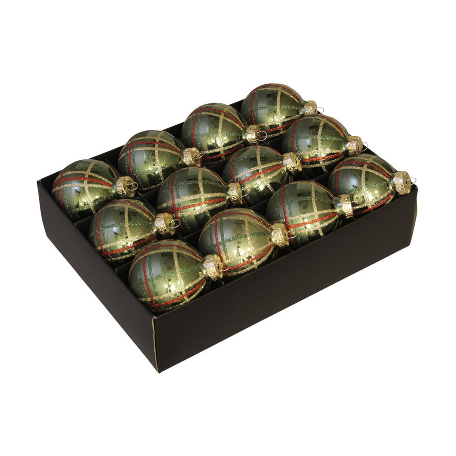 12x stuks luxe glazen gedecoreerde kerstballen groen schotse ruit 7,5 cm - Kerstbal