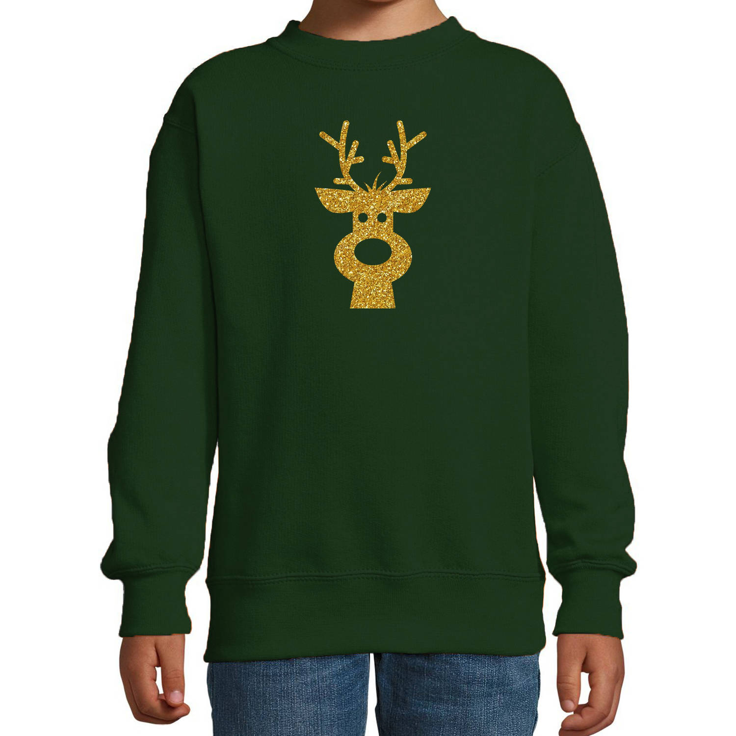 Rendier hoofd Kerstsweater / Kersttrui groen voor kinderen met gouden glitter bedrukking 3-4 jaar (98/104) - kerst truie