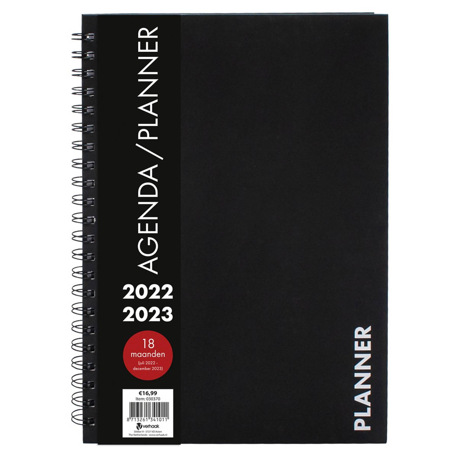 18 Maanden Planner Agenda A4 Black Spiraal 2022 - 2023