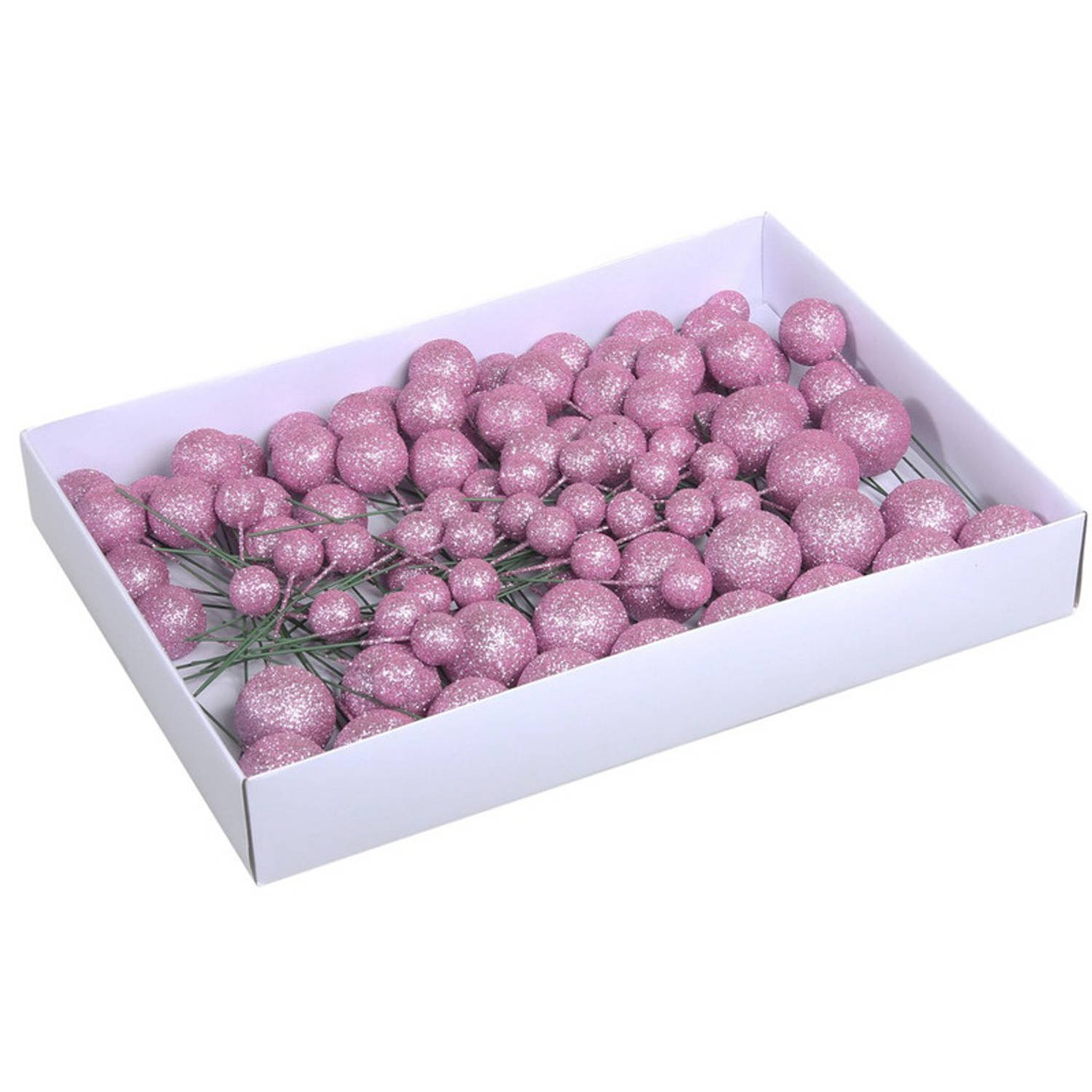 100x Roze Glitter Mini Kerstballen Stekers Kunststof 2-3-4 Cm Kerststukjes