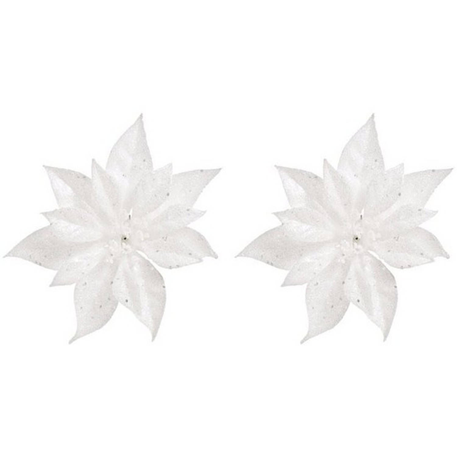 2x Kerstboomversiering bloem op clip witte kerstster 18 cm Kersthangers