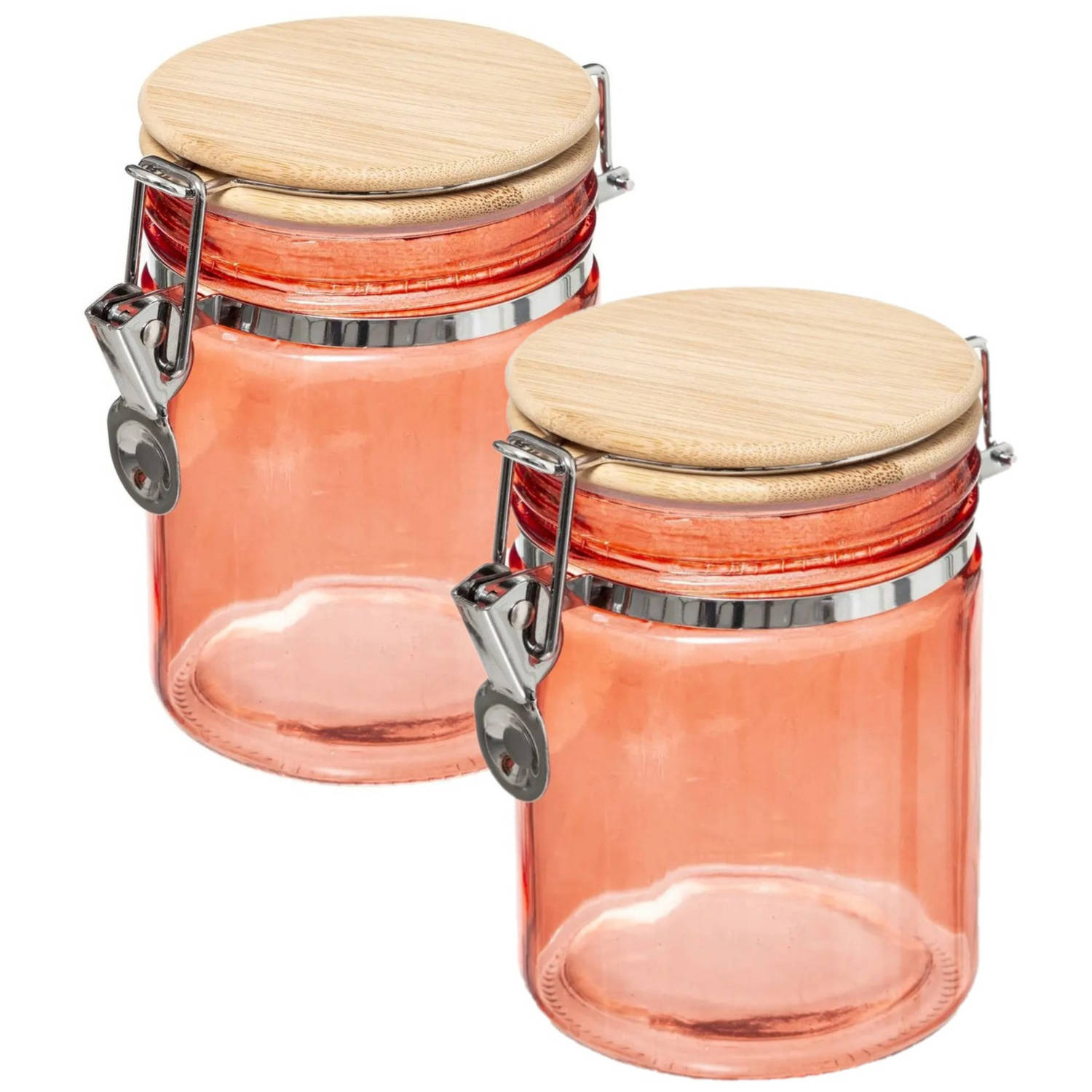 2x stuks voorraadbussen/voorraadpotten 0,75L glas koraal oranje met bamboe deksel en beugelsluiting - Voorraadpot