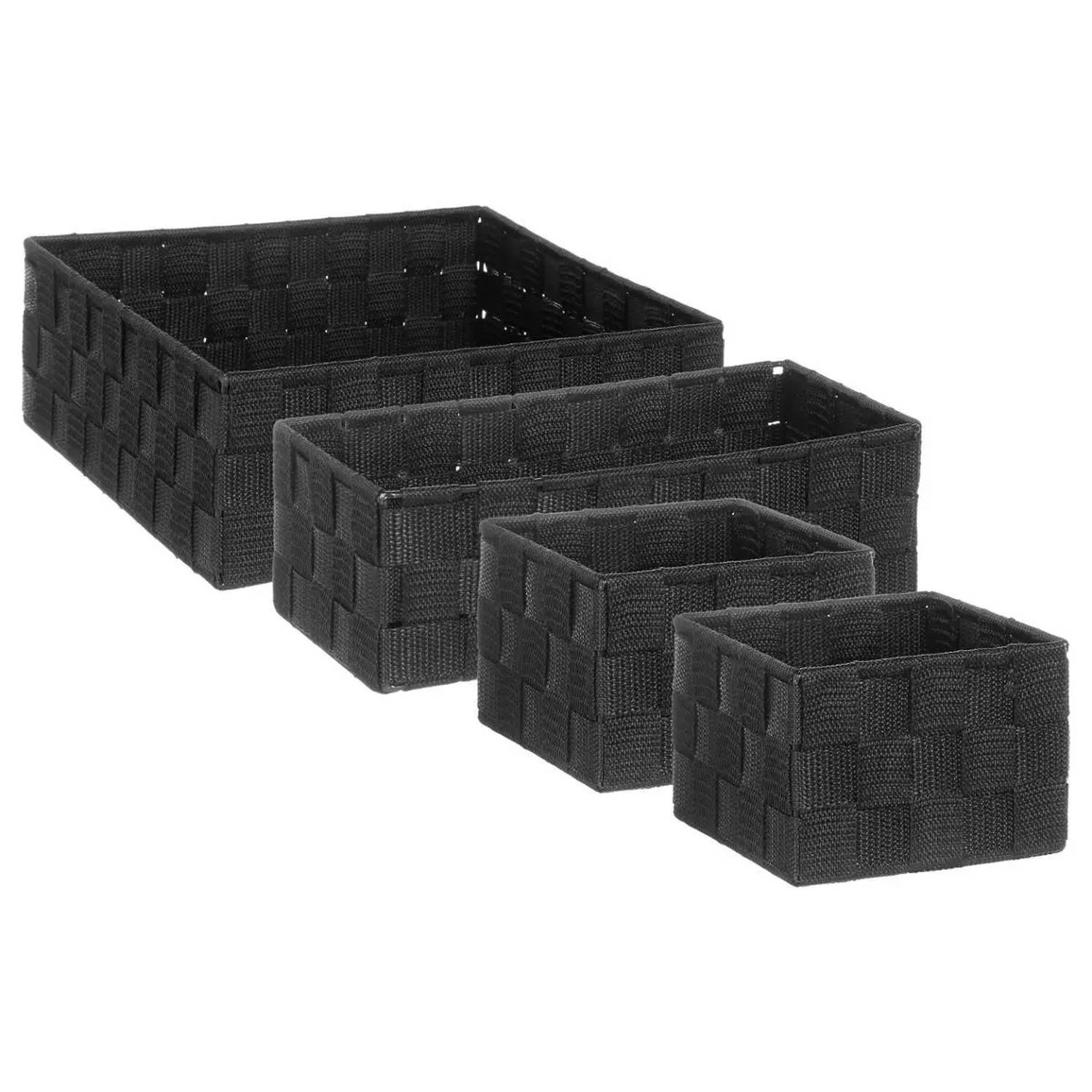 Set van 4x gevlochten opbergmanden vierkant zwart - Kast / badkamer mandjes verschillende formaten