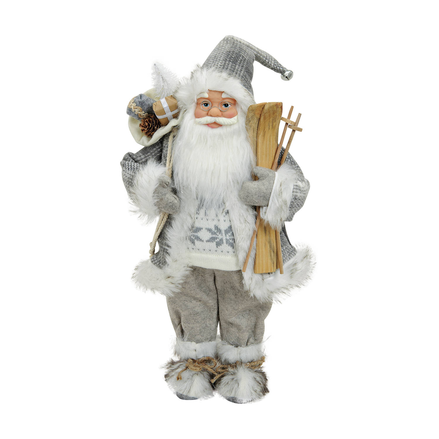 Kerstman decoratie pop/kerstpop beeld staand grijs/zilver 46 cm - Kerstman pop