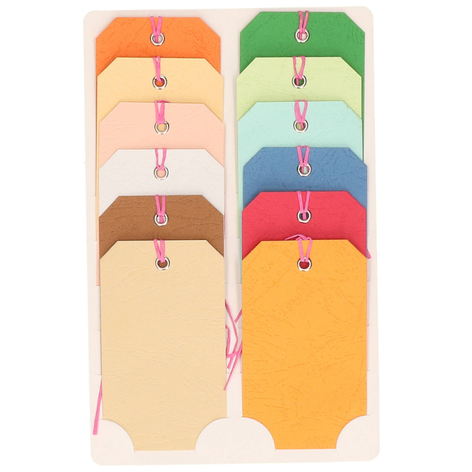 Setje van 12x gekleurde cadeau tags/labels kraftpapier/karton aan een touwtje 5,5 x 10 cm - Cadeauversiering