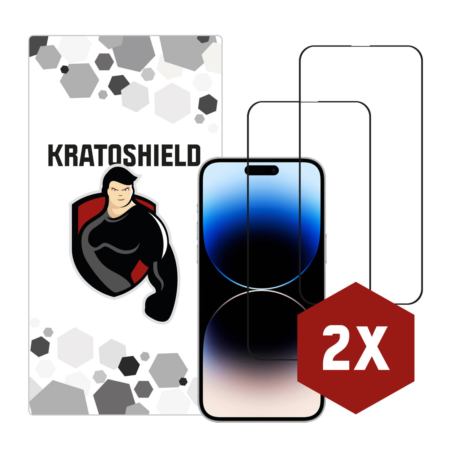 2-pack Kratoshield iPhone 14 Pro Screenprotector - Glass - Full Cover 2.5D - Black