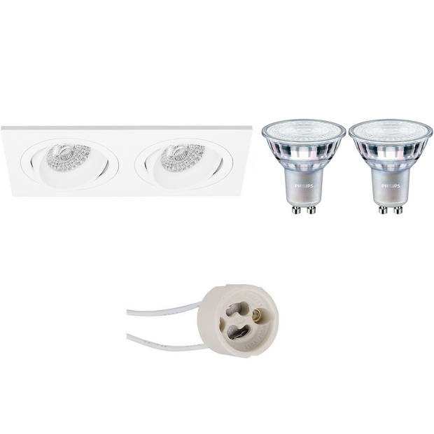 LED Spot Set - Pragmi Borny Pro - GU10 Fitting - Inbouw Rechthoek Dubbel - Mat Wit - Kantelbaar - 175x92mm - Philips -