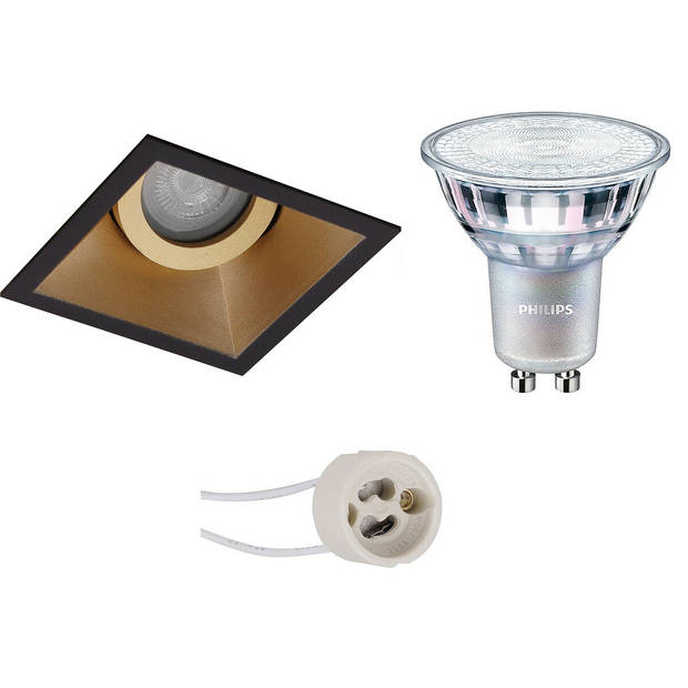 LED Spot Set - Pragmi Zano Pro - GU10 Fitting - Inbouw Vierkant - Mat Zwart/Goud - Kantelbaar - 93mm - Philips - MASTER