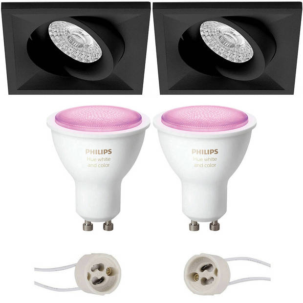 Pragmi Qiundo Pro - Inbouw Vierkant - Mat Zwart - Kantelbaar - 80mm - Philips Hue - LED Spot Set GU10 - White and Color