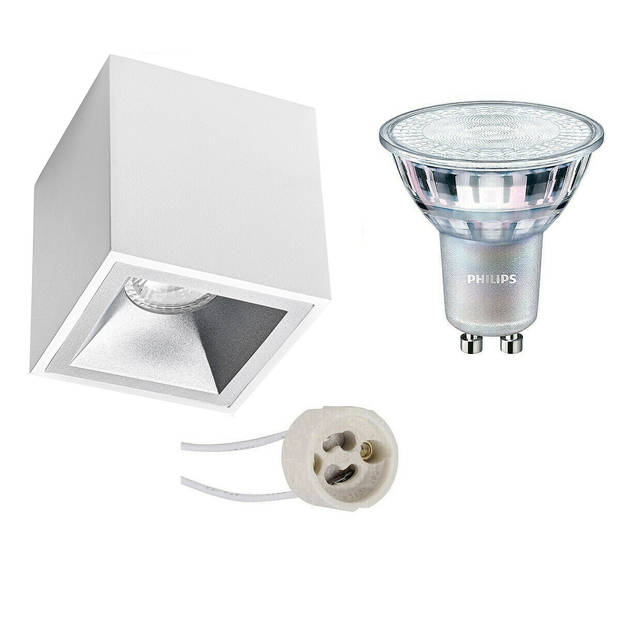 Opbouwspot Set - Pragmi Cliron Pro - GU10 Fitting - Opbouw Vierkant - Mat Wit/Zilver - Verdiept - 90mm - Philips -