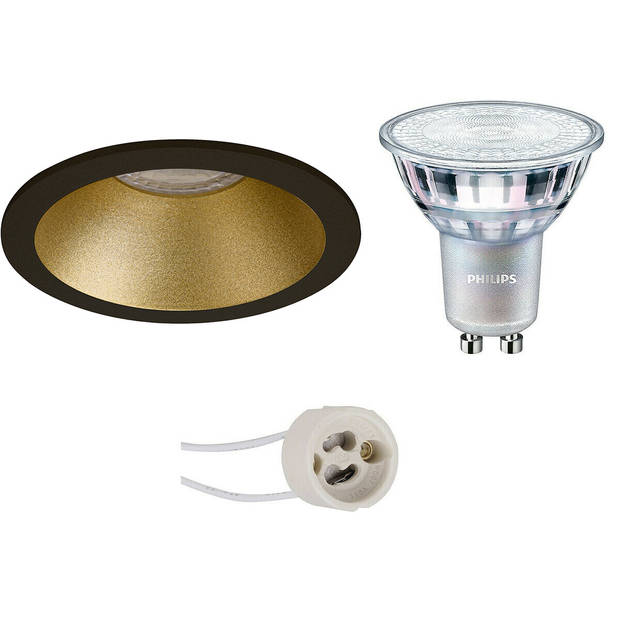 LED Spot Set - Pragmi Pollon Pro - GU10 Fitting - Inbouw Rond - Mat Zwart/Goud - Verdiept - Ø82mm - Philips - MASTER 927