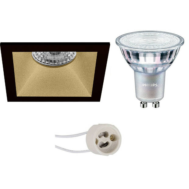 LED Spot Set - Pragmi Pollon Pro - GU10 Fitting - Inbouw Vierkant - Mat Zwart/Goud - Verdiept - 82mm - Philips - MASTER